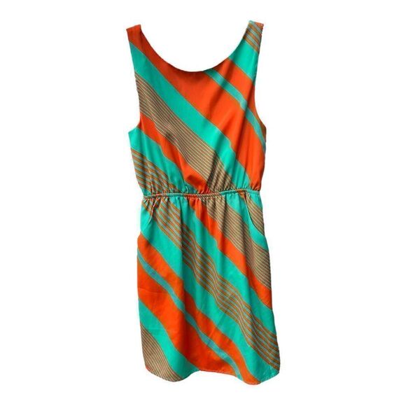 EVERLY Dress Sleeveless Teal Orange Jagged Stripes A Line Elastic Waist Women - Picture 1 of 4